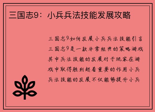 三国志9：小兵兵法技能发展攻略